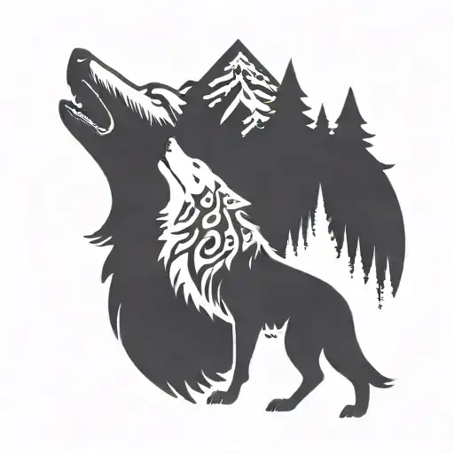 One White Wolf Howling At The Moon With Black Wolf Inside Surrounded By River And Trees