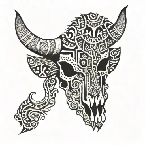 Bull Skull Mixed With A Hanya And Filled With Repetitive Patterns