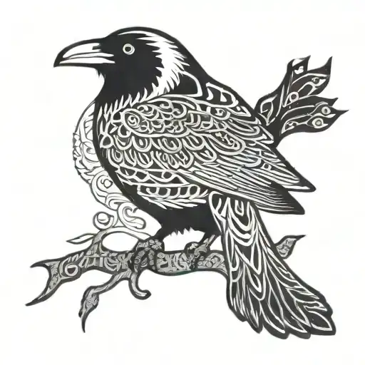 A Dotwork Tattoo Of A Raven Perched On A Branch With Intricate Viking Knotwork Designs
