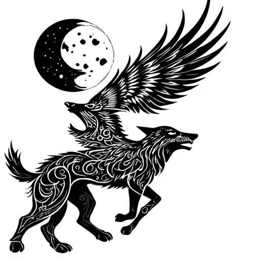 Drawing Of A Phoenix Flying Towards A Wolf Who Is Howling At The Moon