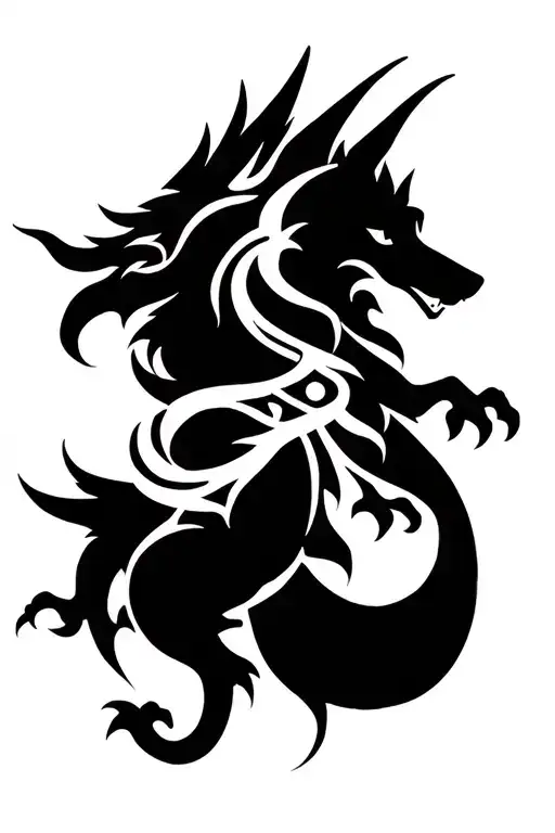 Wolf And Dragon Embracing Each Other