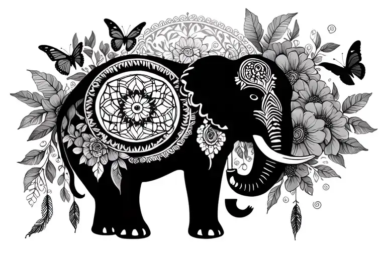 Elephant Blooming Flowers And Butterflies With Dream Catcher Entangled