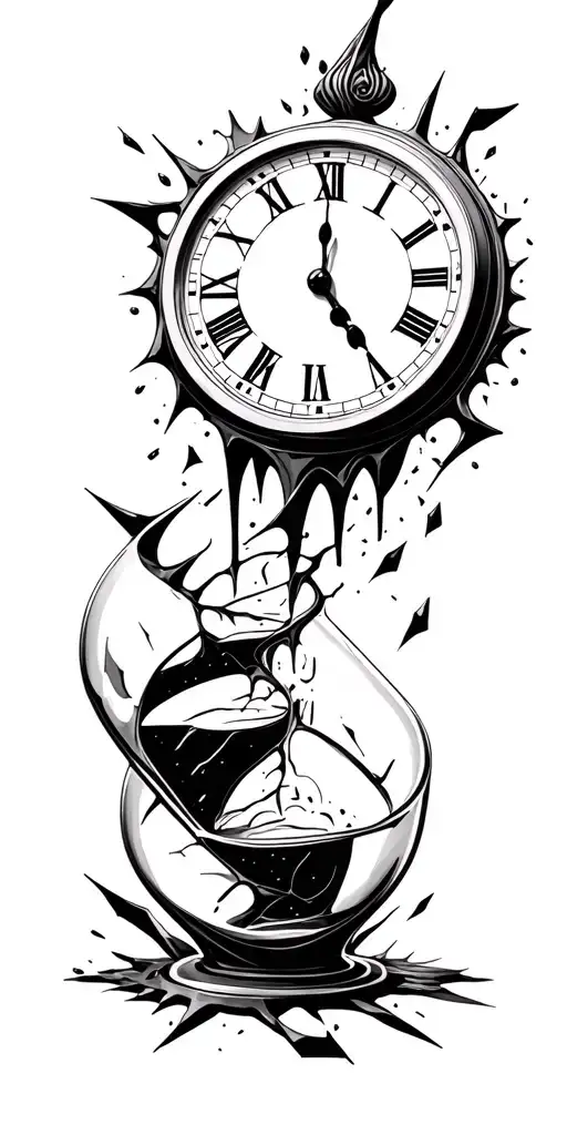 Broken Clock With Roman Numerals And Glass Shattered Falling Into Hour Glass