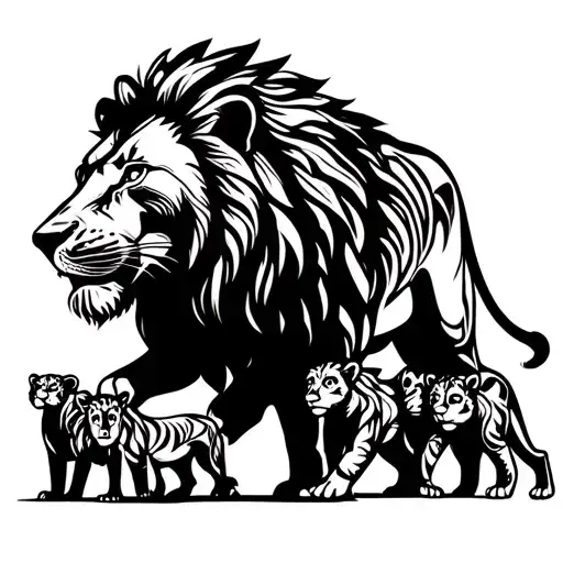 Male And Female Lion Walking With 3 Cubs