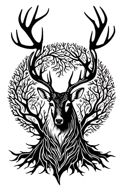 Stag Head In Tree Intertwined