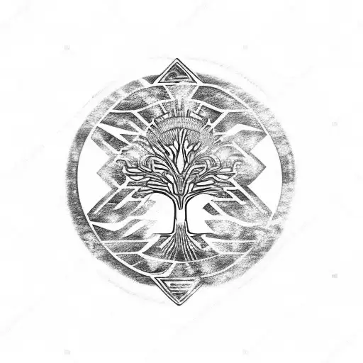 Tattoo Of An Aztec-style Tree In A Circular Shape With Branches On One Side And Roots On The Other