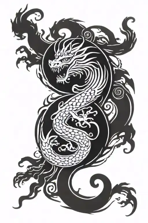 Yin Yang Symbol Fused With A Chinese Dragon And A Mixture Of Suminagashi