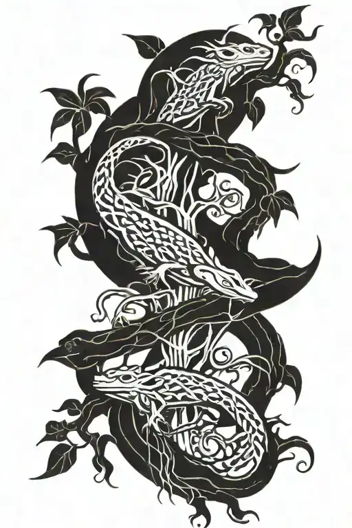 Tattoo Around The Forearm In The Form Of Intertwined Tree Roots And Two Lizards Hiding In The Roots