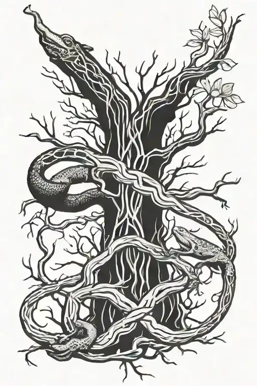 Tattoo Around The Forearm In The Form Of Intertwined Tree Roots And Two Lizards Hiding In The Roots