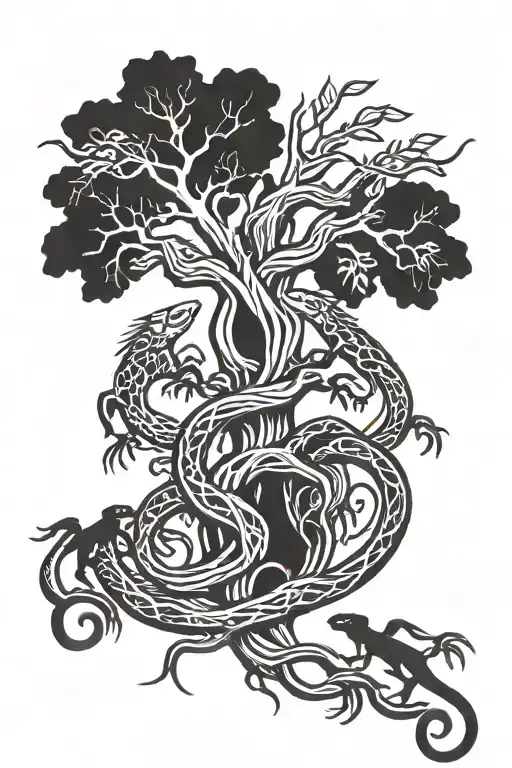 Tattoo Around The Forearm In The Form Of Intertwined Tree Roots And Two Lizards Hiding In The Roots
