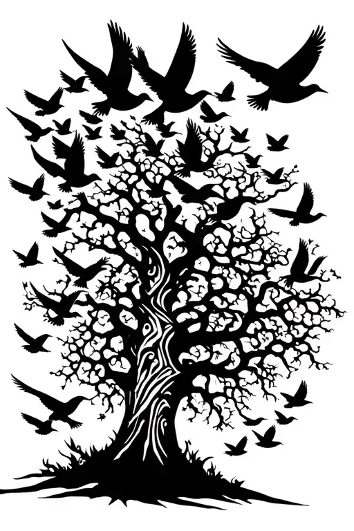 Tree With Flock Flying Black Birds