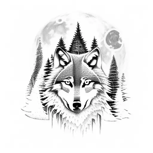 A Wolf With A Forest And Skulls And A Full Moon And Dark