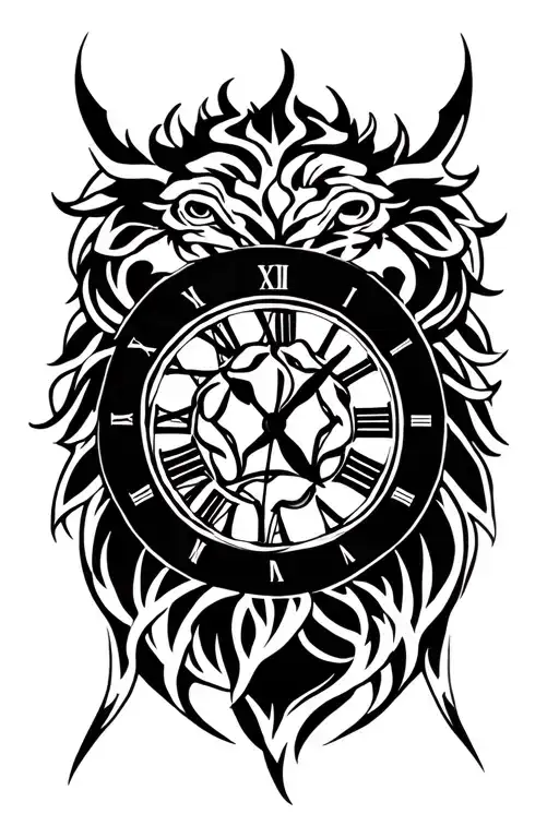 Clock Face Rose Intertwined Lion Head