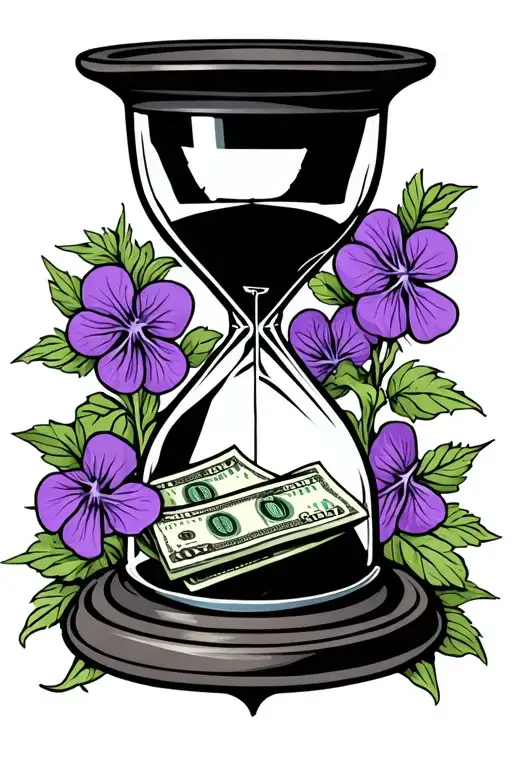 An Hour Glass With Money At The Bottom Surrounded By Violets And A Staircase In The Background