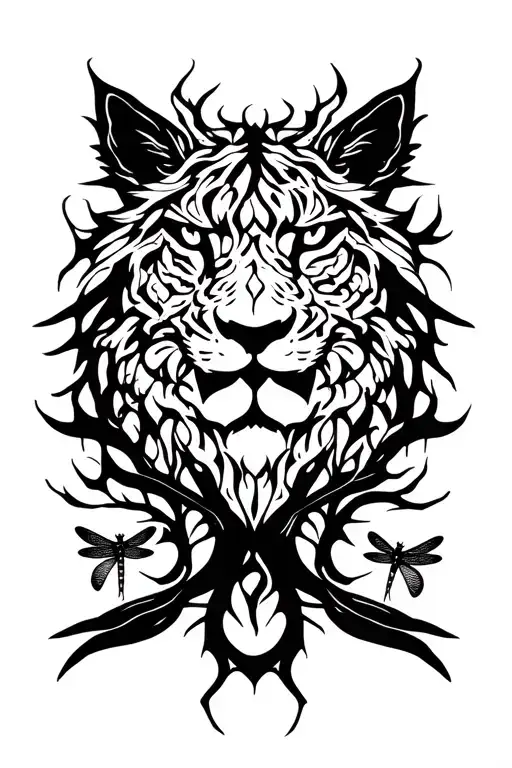 Leo Zodiac- Thorn Vines - Dragonflies - Kanji Symbol