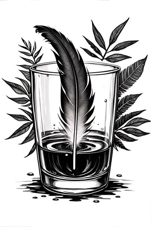 A Feather In A Small Glass Of Ink With Some Water Around And Some Jungle Leaf And Tree