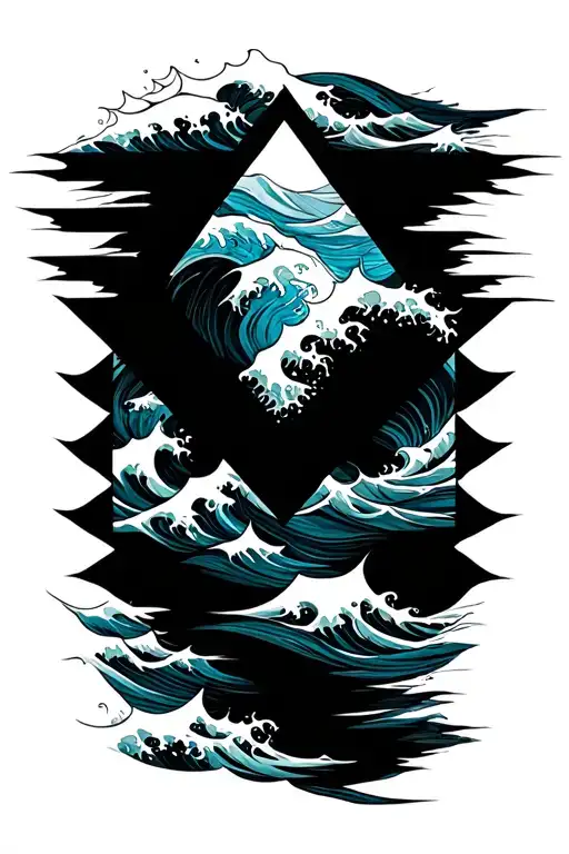 Black Triangle Overlayed With Messy Ocean Waves With Single Blue Wave In The Middle