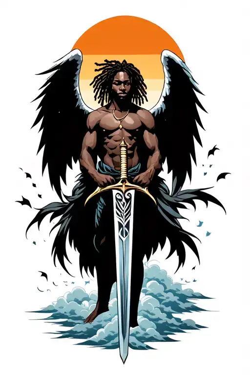 An Darkskin Angel With Dreads Holding A Sword With The Sun Behind Him And Clouds Surrounding