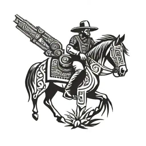 Mexican Bandito Holding A Gun And Wearing A Bullet Vest In Front Of Aztec Pyramid On A Horse