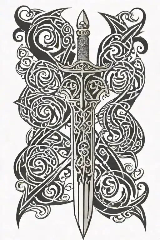 Excalibur Sword With Celtic Designs Behind It