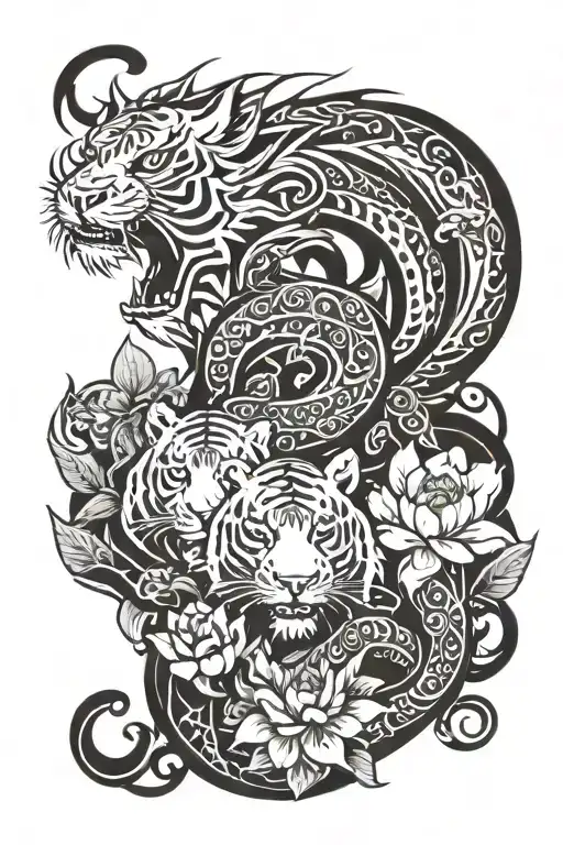 A Dragon And A White Tiger With Lotus Flowers Growing