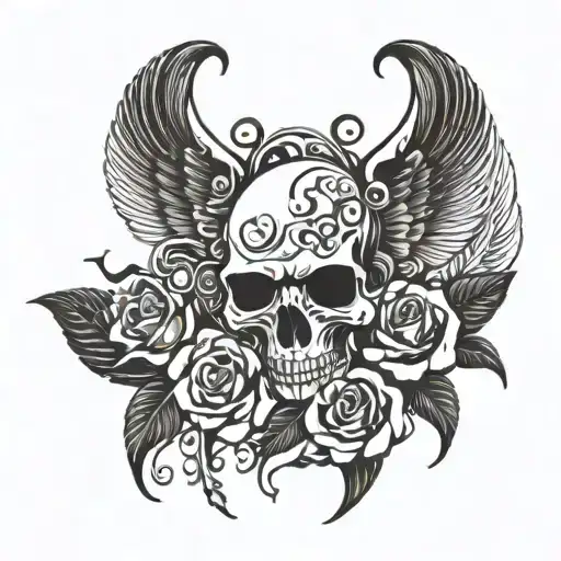 Skull And Roses With Angel Wings