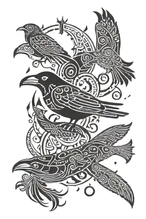 Shamanic Symbols Of Raven And Owl And Whale Swimming