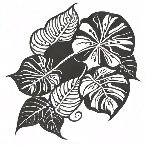 Simplified Tribal Style Tattoo Design On The Back With A Silhouette Of A Monstera Leaf