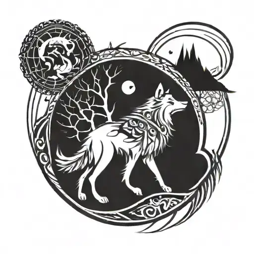 Tribal Wolf Howling At A Quarter Crescent Moon With A Yin And Yang Dream Catcher Within The Moon