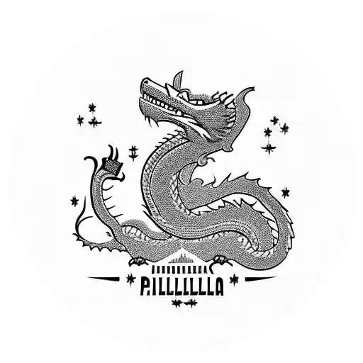 A Traditional-style Tattoo Of The Philadelphia Skyline With A Dragon And A Yorkie Intertwined