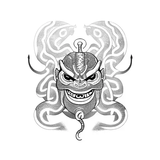 A Snake Coiling Around An Oni Mask