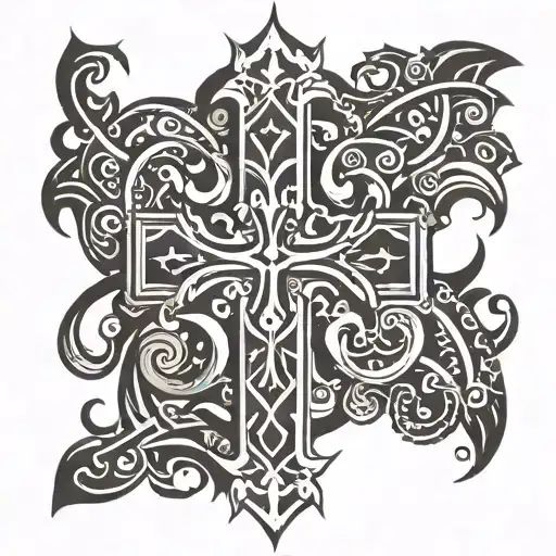 Design A Black And Grey Tattoo Of A Tribal Cross With Intricate Details