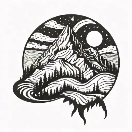 A Tattoo Of A Mountain Range With A Winding Hiking Trail Leading Up To A Starry Night Sky