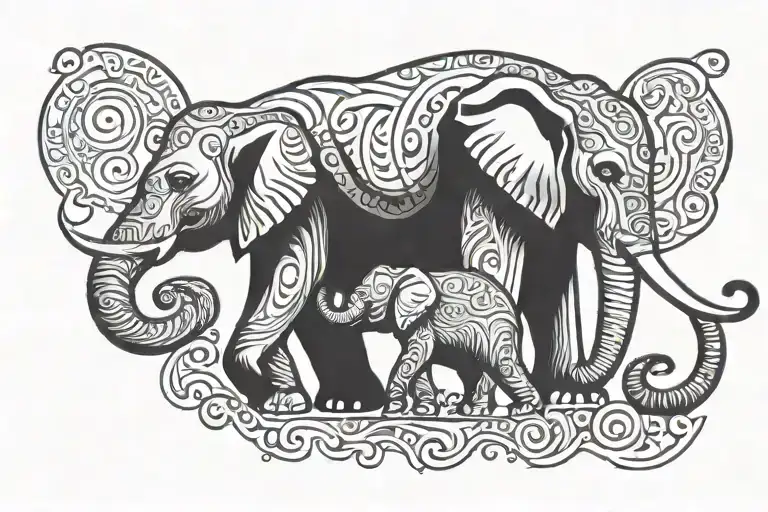 Mama Elephant And Baby Elephant Holding Tail