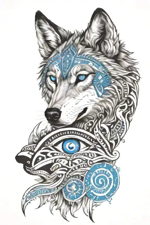 Wolf With Blue Eyes And Tribal Pattern Benath