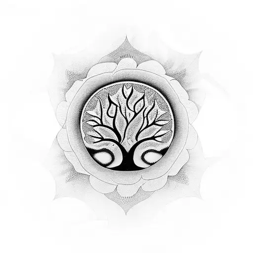 Half Sleeve Tree Of Life In Middle With Lotus Flowers And Mandala