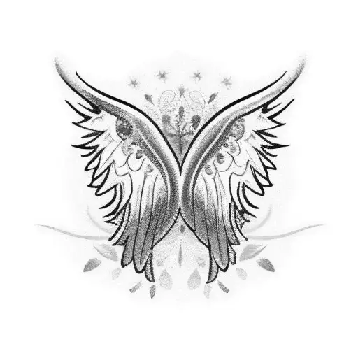 A Vibrant And Colorful Tattoo Of Angel Wings Surrounded By A Garden Of Flowers And Butterflies