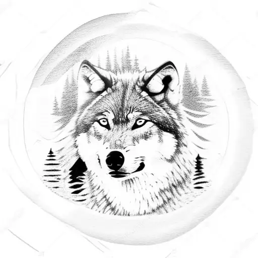 Wolf With Blue Eyes Exiting Pines Standing On A Rock Looking At The Moon