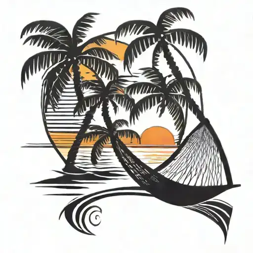 Two Palm Trees On The Beach Connected By A Hammock And Behind Them Is A Sunset