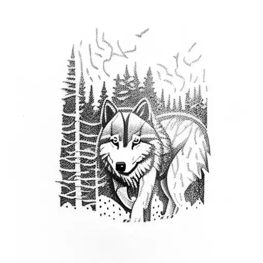 A Thunderstorm Over A Forest And A Small Wolf In The Distance