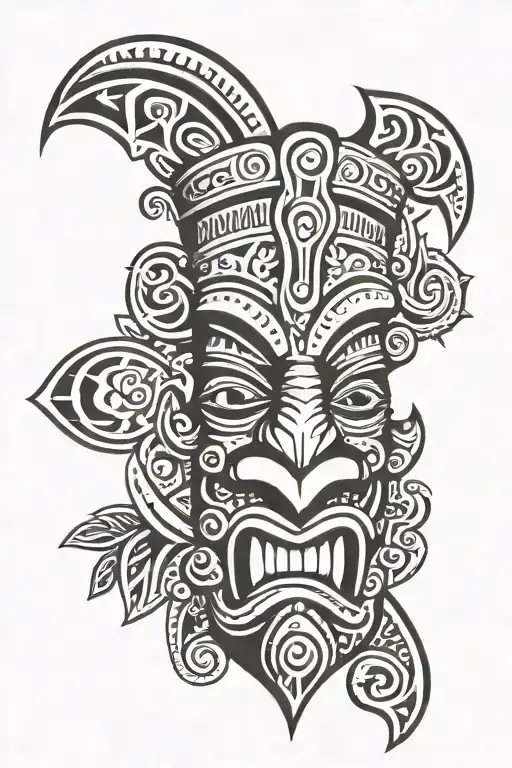 Polynesian Arm Head Tiki Cartoon Style And Polynesian Sign