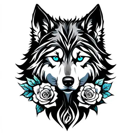 Wolf With Blue Eyes And Roses