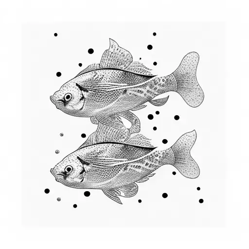 A Dotwork Tattoo Of A School Of Fish Swimming In A River Surrounded By Lush Greenery