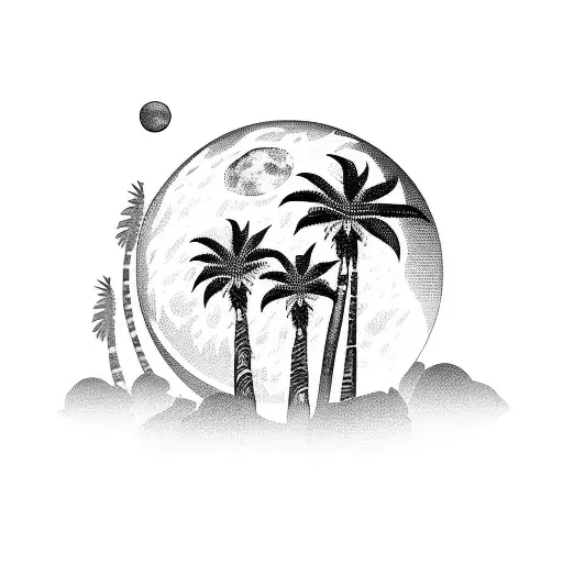 Palm Trees With A Moon That Is Black And White