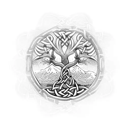 Celtic Tree Of Life With A Mountain Under The Base Which Look Like An M
