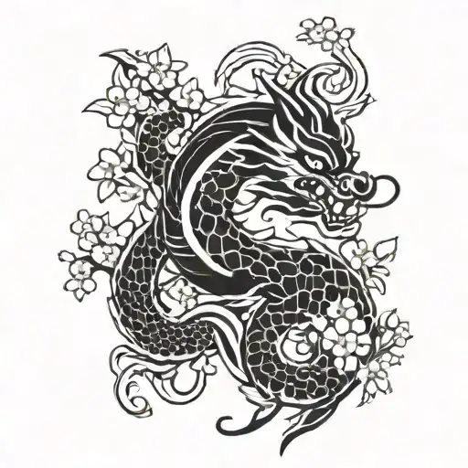 Japanese Dragon And Cherry Blossoms