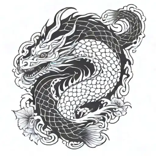 Dragon With Koi Fish Swimming Upstream Surrounded By Forest