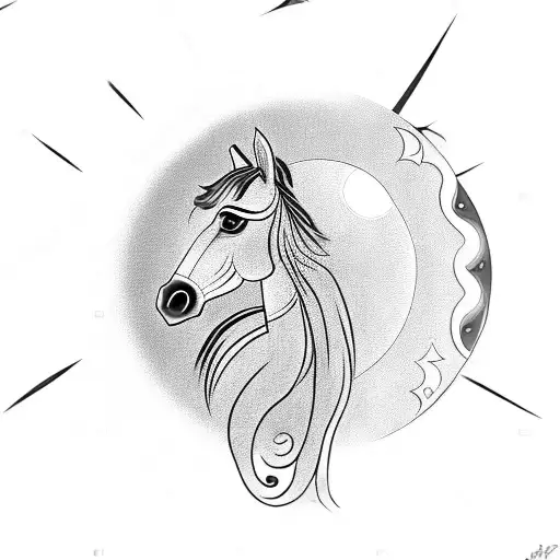 Horse Outline With Sun And Moon Elements And Chinese Writing In The Interior