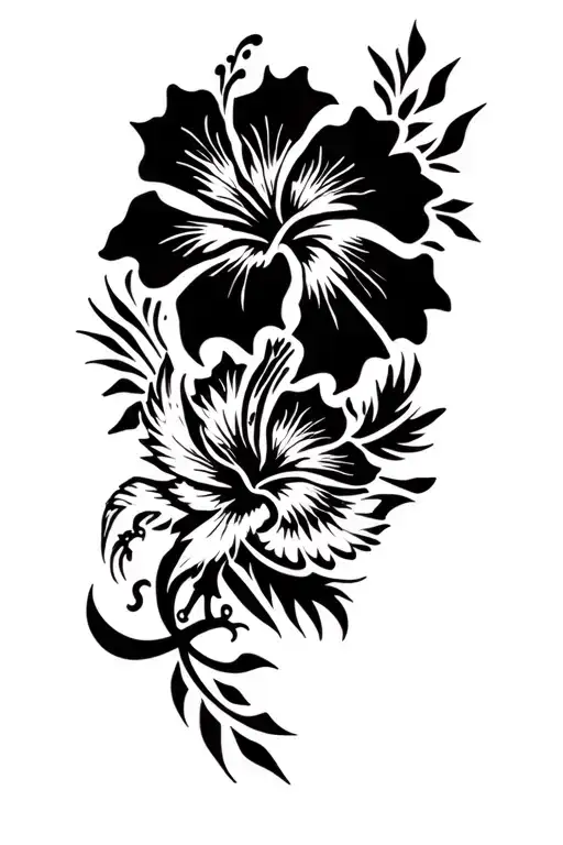 Psychedelic Hibiscus Flowers Intertwined With Phoenix