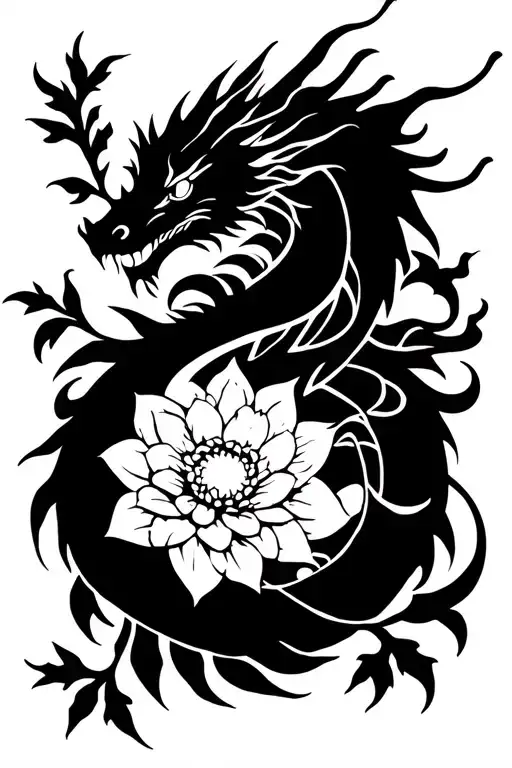 Dragon Wrapped Around Dahlia Flower Intertwined